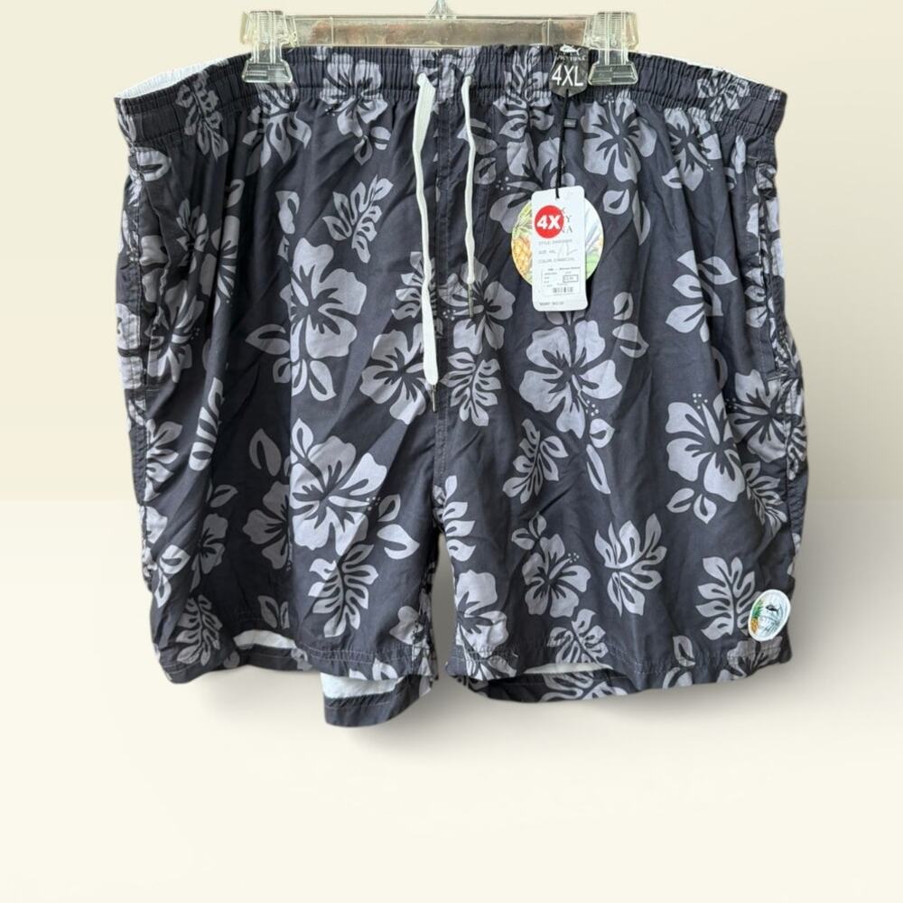 Spicy Tuna Mens 4X Swim Trunks Shorts Hibiscus Hawaiian Charcoal Gray NEW